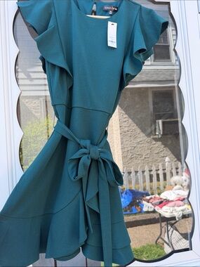 Wilfred Teal Ruffle-Sleeve Tie-Waist Mini Dress